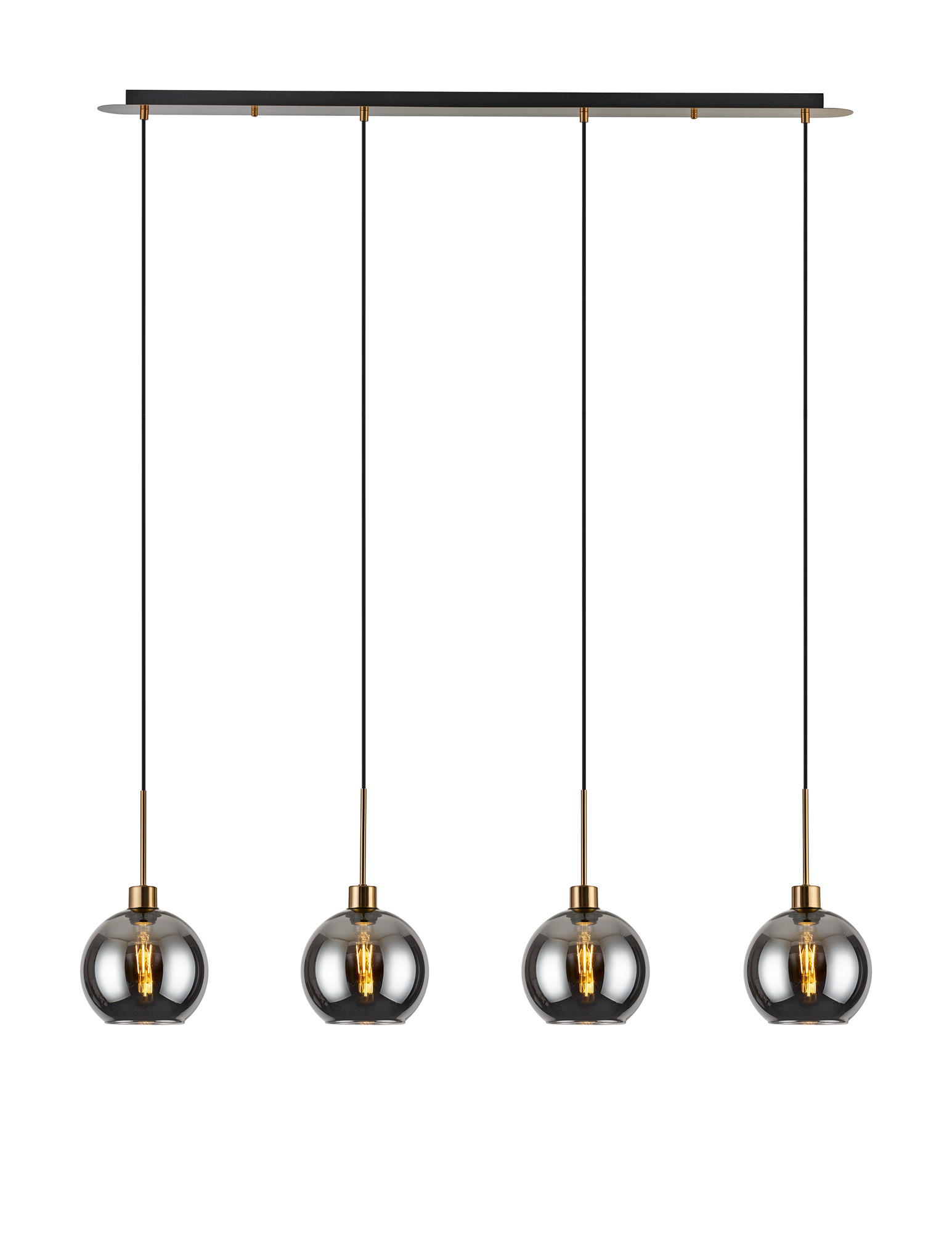 DK1227  Lori Linear Pendant, 4 Light Adjustable E27, Antique Gold/Smoke Open Mouth Round Globe Shades